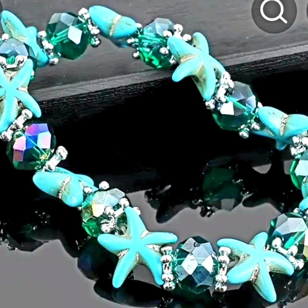 Turquiose Starfish and Crystal Beaded Elastic Bracelet
